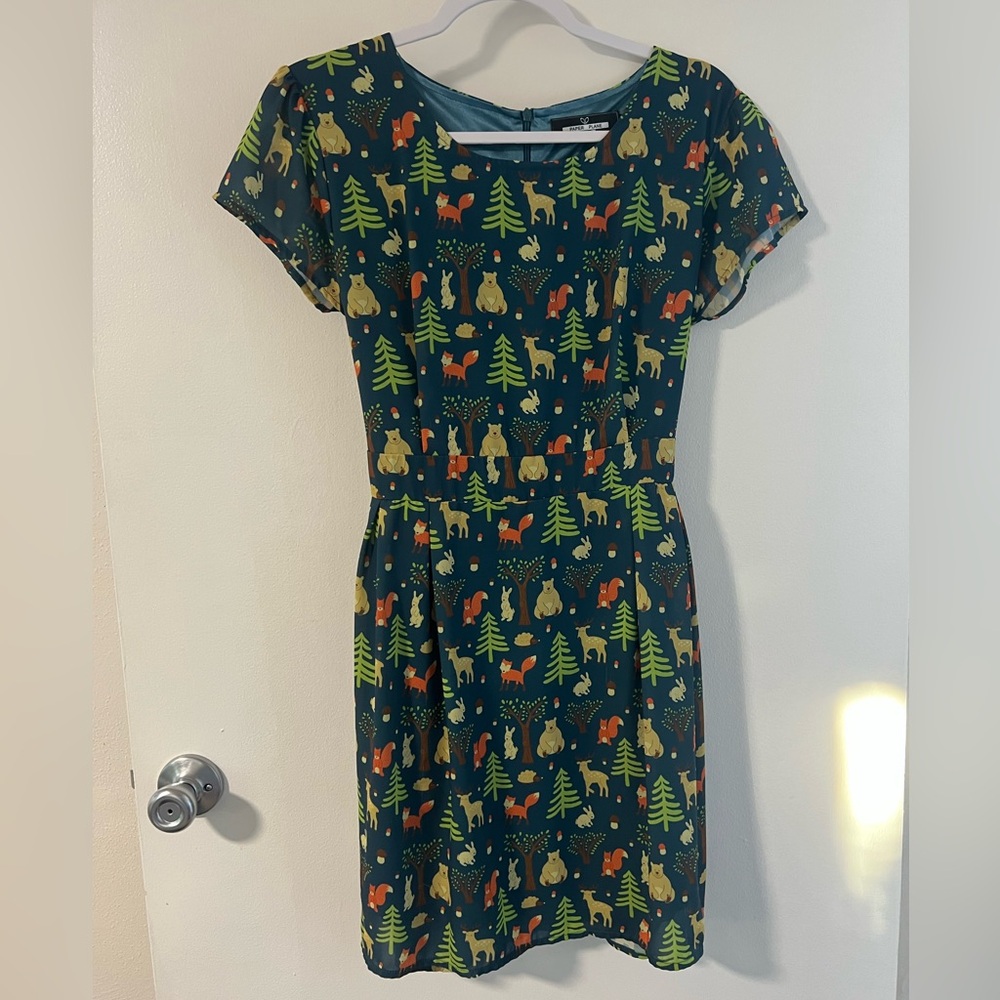 Forest Animal Print Short Sleeve Dress - Green